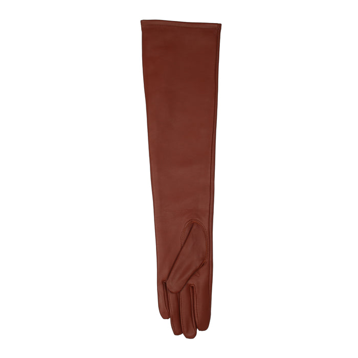 Women's Single Point Long Above Elbow Lined Leather Gloves cognac left