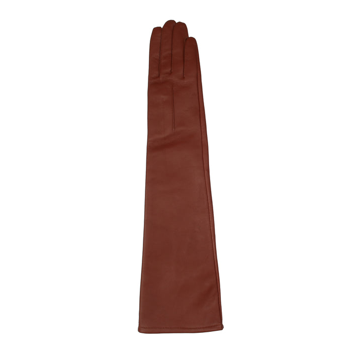 Women's Single Point Long Above Elbow Lined Leather Gloves cognac right