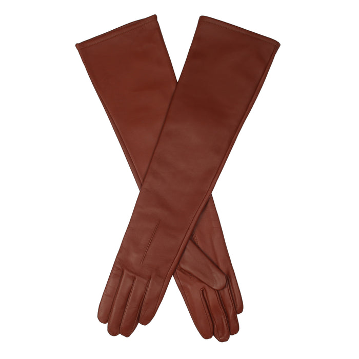Women's Single Point Long Above Elbow Lined Leather Gloves cognac