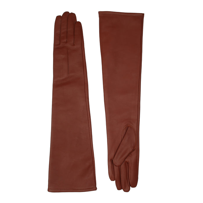 Women's Single Point Long Above Elbow Lined Leather Gloves cognac side