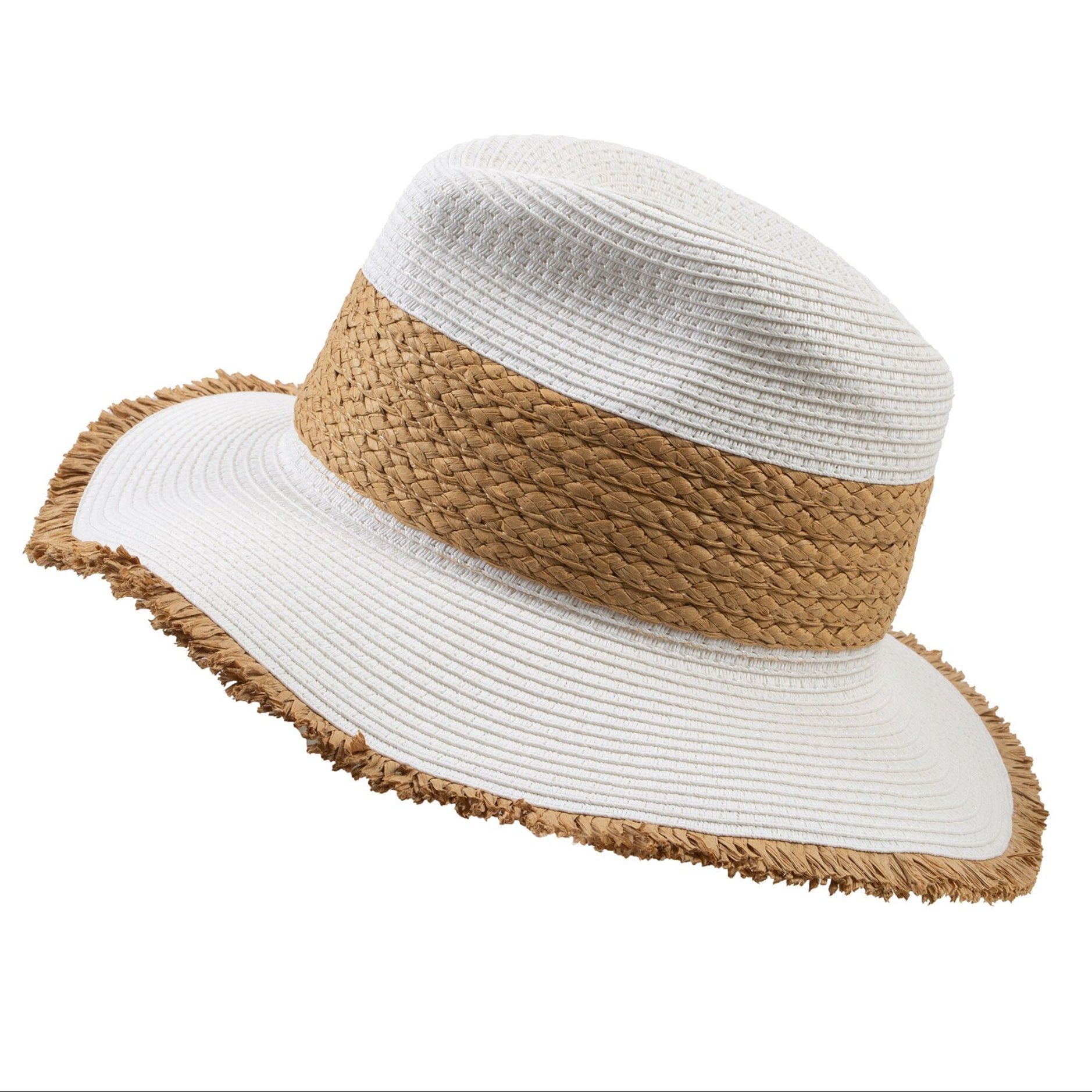 Women's Straw Fedora Hat with Colour Contrast Details and Frayed