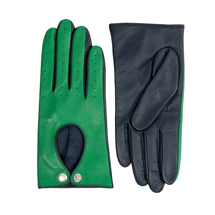 Women's Emerald Navy leather touchscreen driving gloves side
