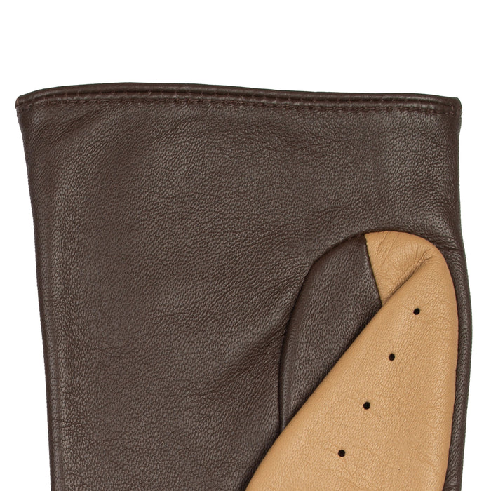Women's touchscreen leather driving gloves in toffee/mocca left cuff