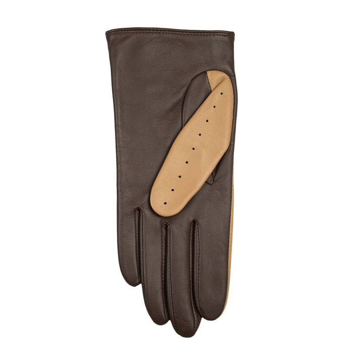 Women's touchscreen leather driving gloves in toffee/mocca left