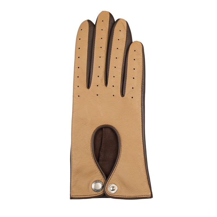 Women's touchscreen leather driving gloves in toffee/mocca right
