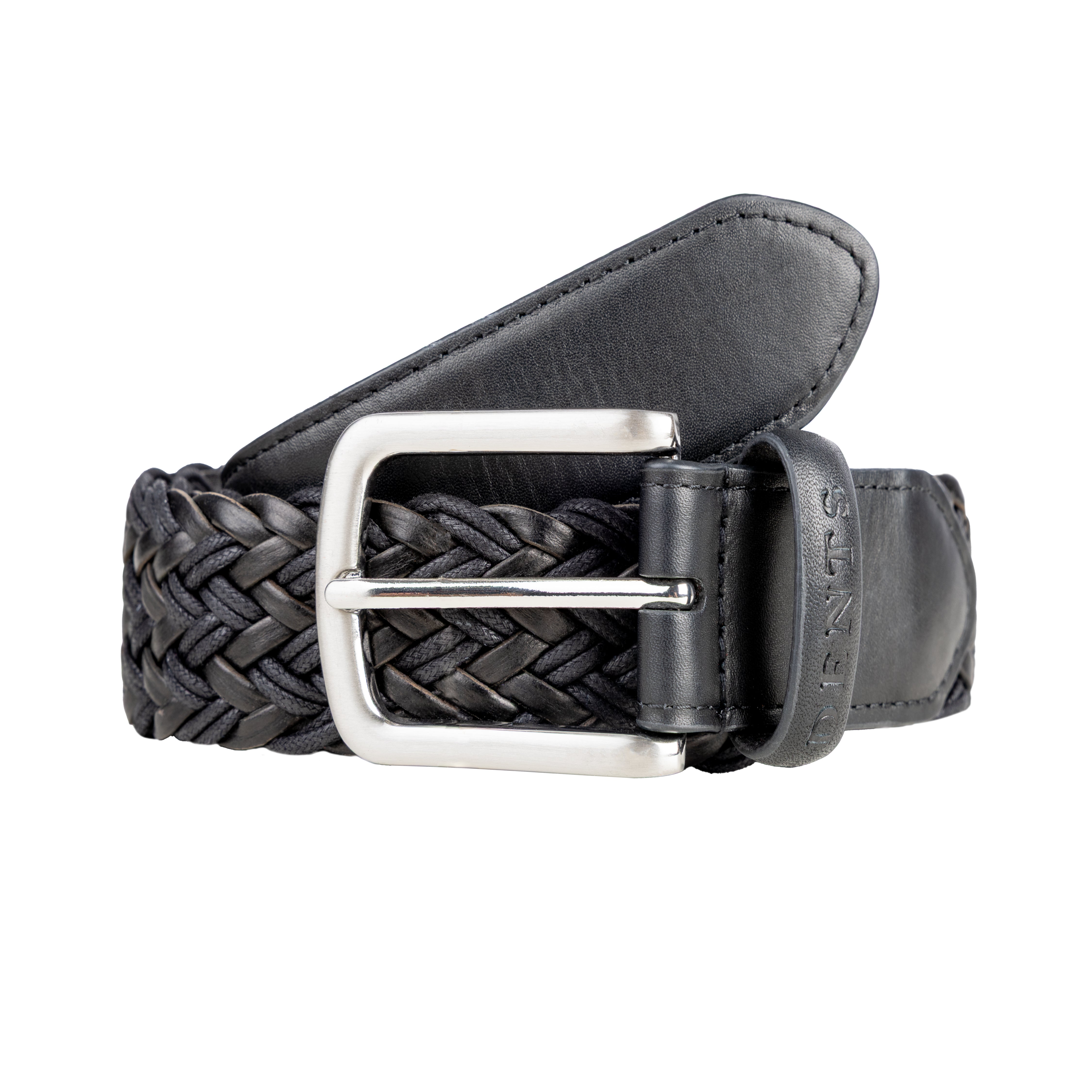 Men's Woven Leather and Cotton Belt with Satin Nickel Buckle Dents