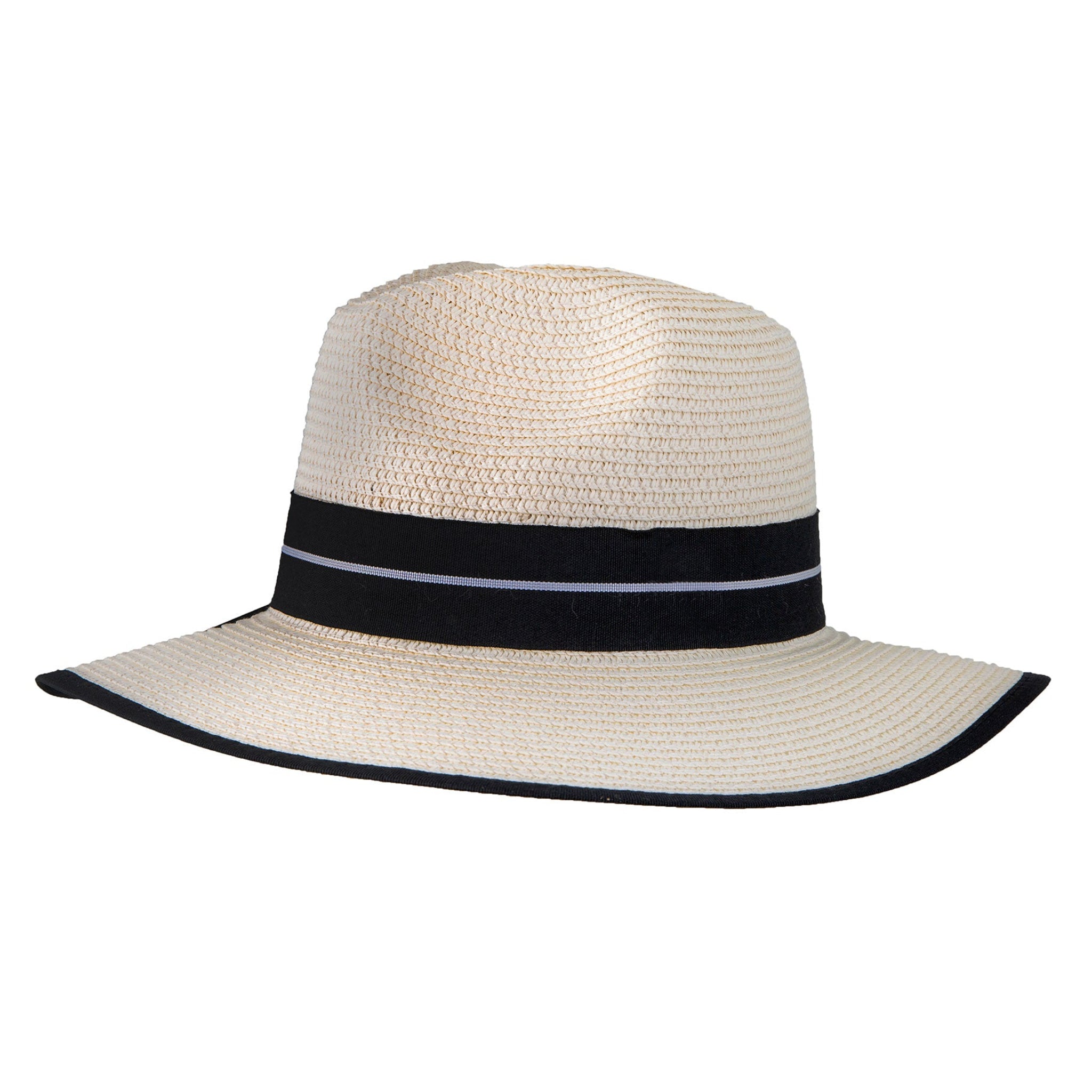Women’s Straw Fedora Hat with Striped Black Ribbon Dents