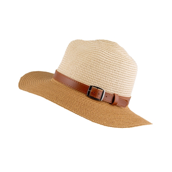Women’s Two-Tone Straw Fedora Hat with Buckle Trim