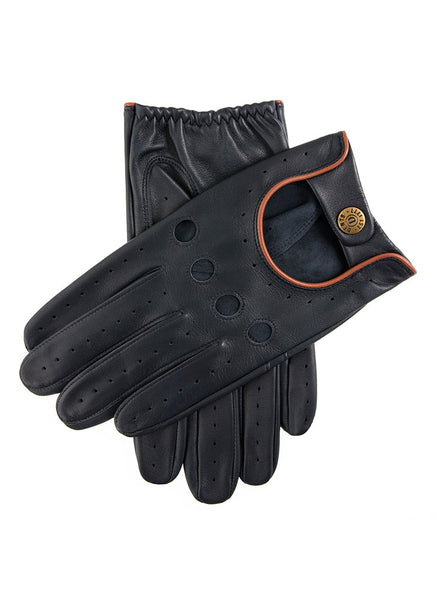 Men's leather driving gloves in Navy blue with Tan brown trim 