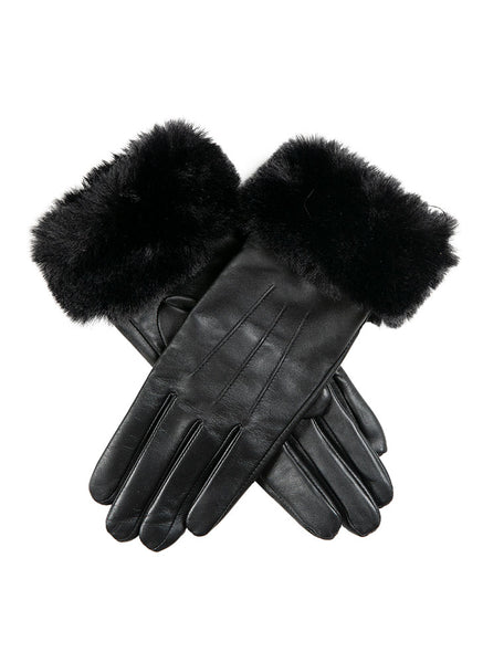 Women’s Touchscreen Three-Point Leather Gloves with Faux Fur Cuffs