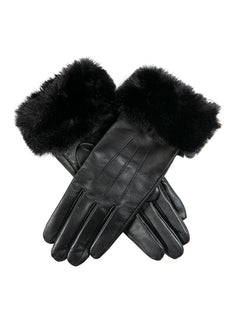 Women’s Touchscreen Three-Point Leather Gloves with Faux Fur Cuffs