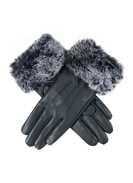 Women’s Touchscreen Three-Point Leather Gloves with Faux Fur Cuffs