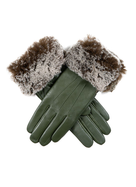 Women’s Touchscreen Three-Point Leather Gloves with Faux Fur Cuffs
