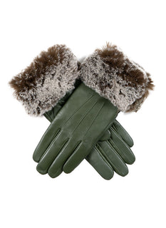 Women’s Touchscreen Three-Point Leather Gloves with Faux Fur Cuffs